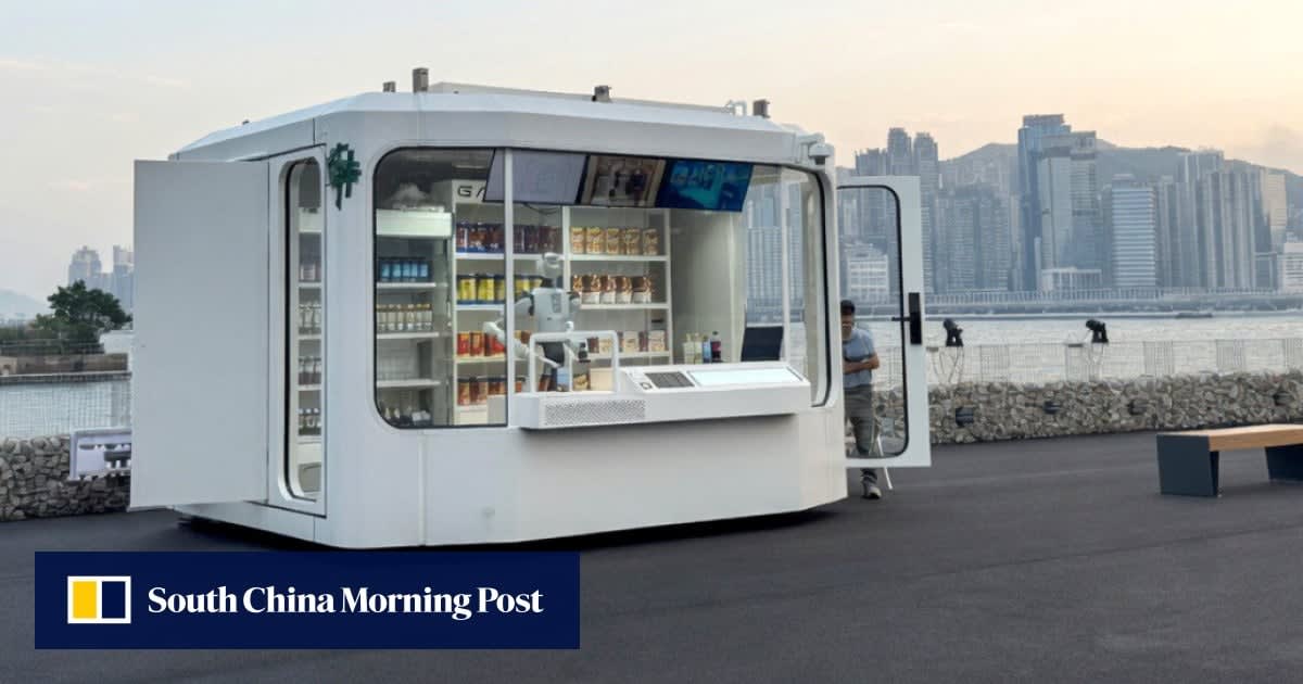 Humanoid robot standing behind convenience store counter ready to serve customers in Hong Kong
