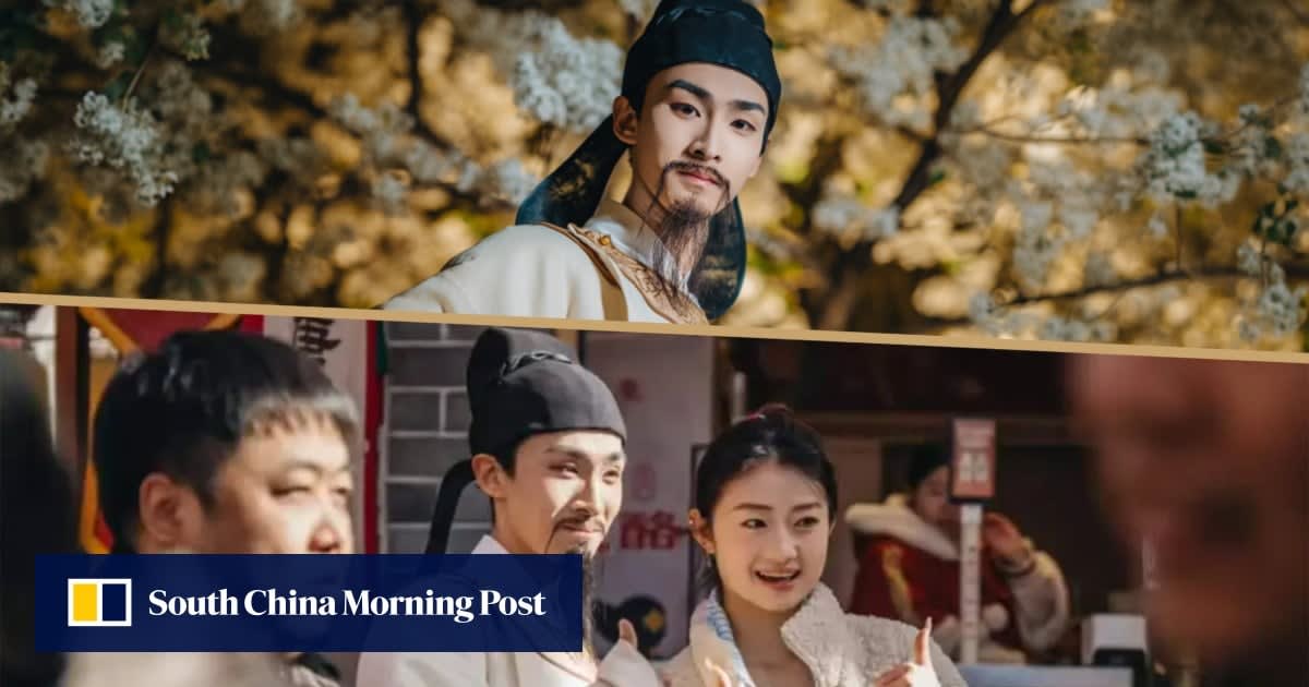 Young Chinese performer Wang Haonan dressed in traditional Tang dynasty robes portraying poet Li Bai