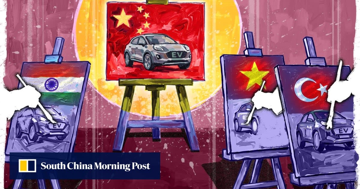 Modern electric vehicles on assembly line in emerging market manufacturing facility