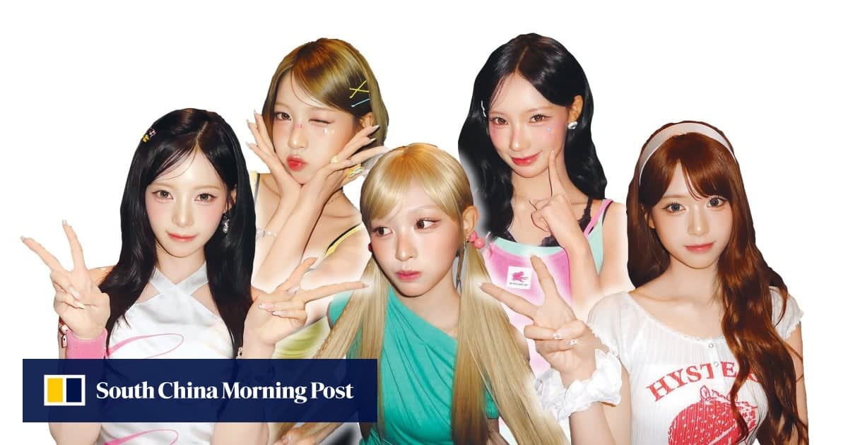 ** Five-member K-pop girl group Rescene posing together in vibrant outfits celebrating South Korean culture