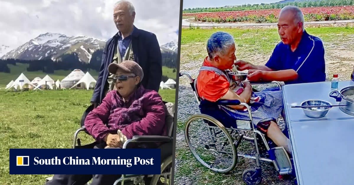 Elderly Chinese man helping his wife in wheelchair inside their equipped campervan during cross-country journey