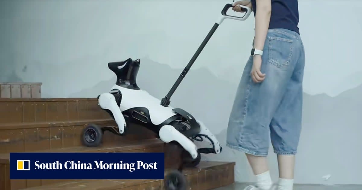 Four-legged robot guide dog with wheels navigating indoor space at Beijing technology expo