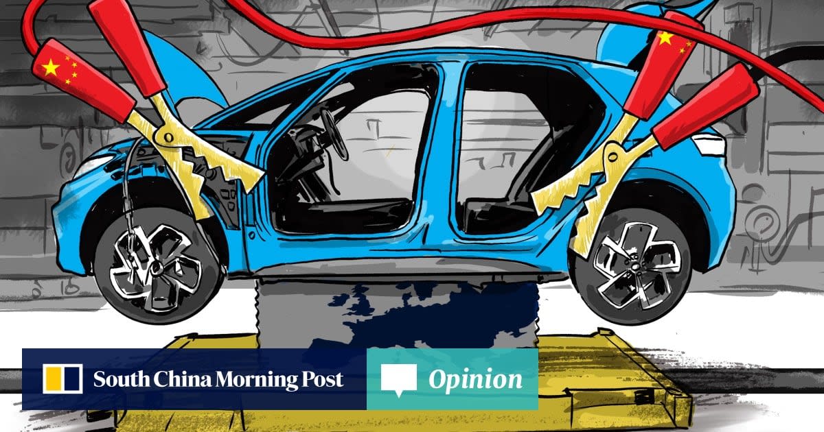 Modern electric vehicle assembly line with workers installing components in bright factory setting