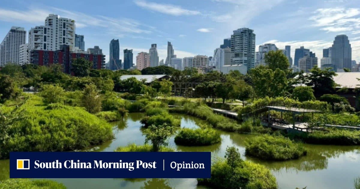 Lush pocket park beneath Bangkok's elevated BTS Skytrain with green plants and trees