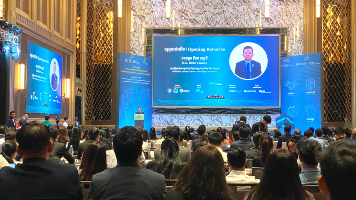 Cambodian Minister Hem Vanndy speaks at climate technology program launch event in April 2026
