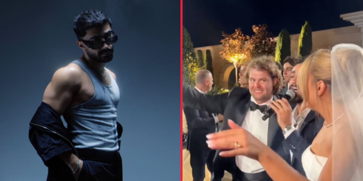 Singer Saif Safadi performing at outdoor Jordanian wedding with dancing bride and groom