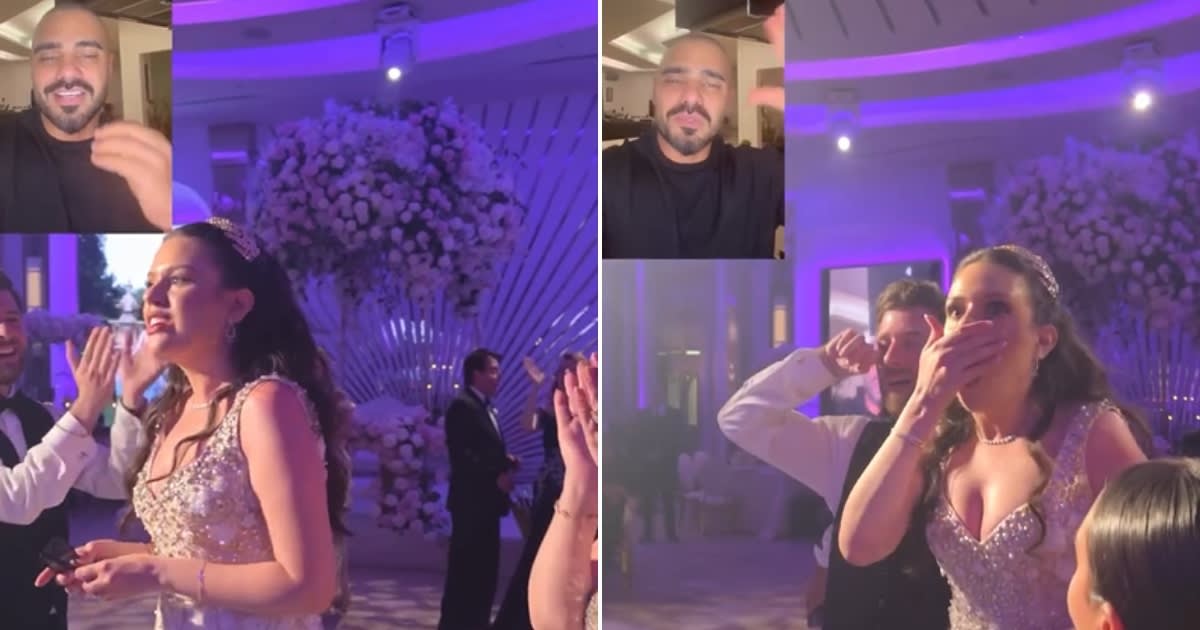 Bride Jennifer reacting joyfully to video message from Lebanese singer Joseph Attieh at her wedding