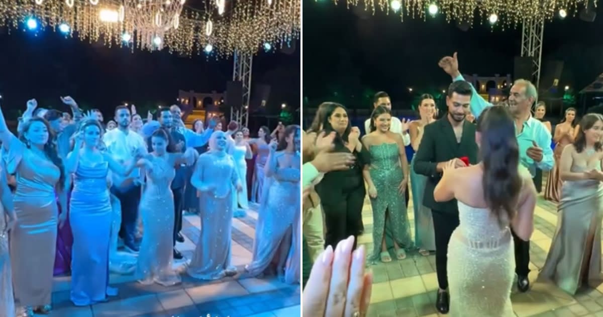 Woman receiving surprise marriage proposal at brother's wedding during bouquet toss ceremony