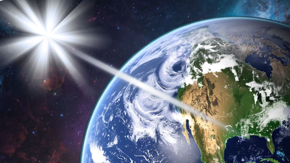 Illustration of high-energy photon traveling through space from distant gamma-ray burst to Earth