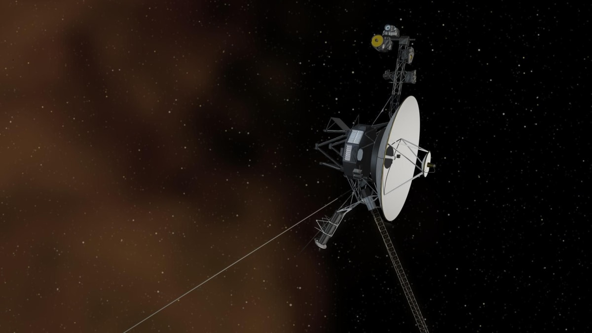 Artist rendering of NASA Voyager 1 spacecraft traveling through dark interstellar space with stars