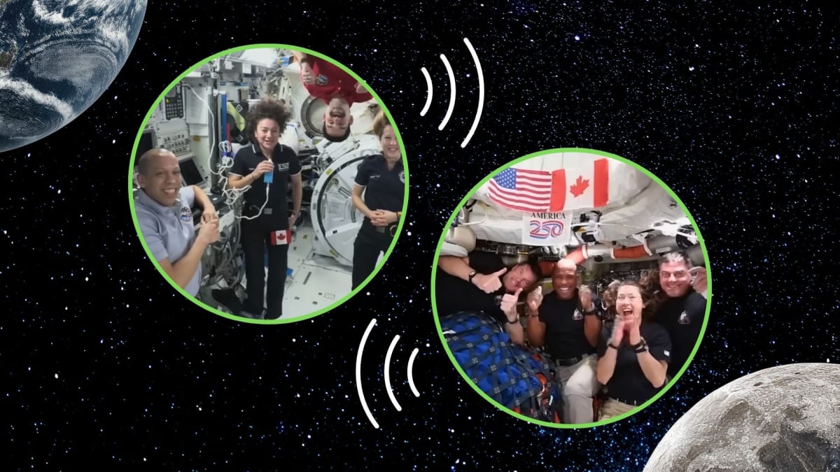 Split screen showing Artemis 2 crew near moon and ISS crew in orbit during historic video call