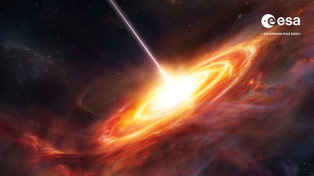 Artist rendering of ancient quasar with bright light emanating from supermassive black hole center
