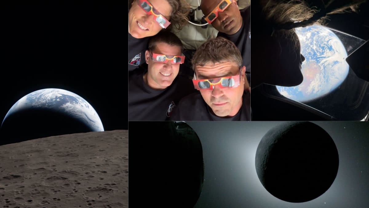 Four photos from Artemis II showing Earth setting behind moon and astronauts aboard Orion capsule