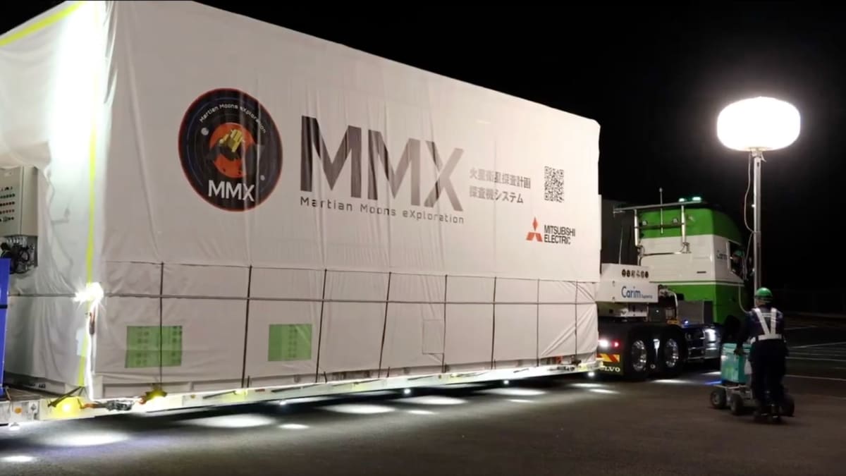Japan's MMX spacecraft container arriving at Tanegashima Space Center for Mars moon mission