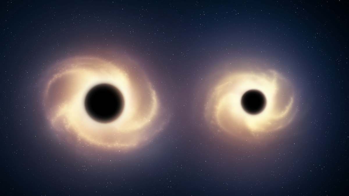 Artistic illustration of two supermassive black holes orbiting close together in deep space