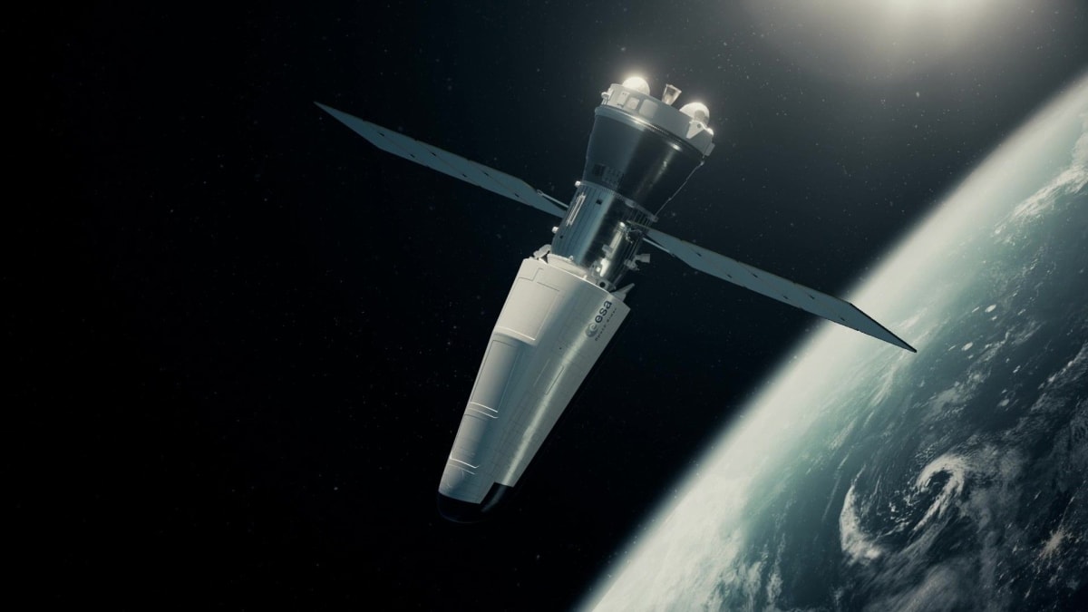 Rendering of Europe's Space Rider spacecraft, a sleek white reusable orbital vehicle with heat-resistant tiles