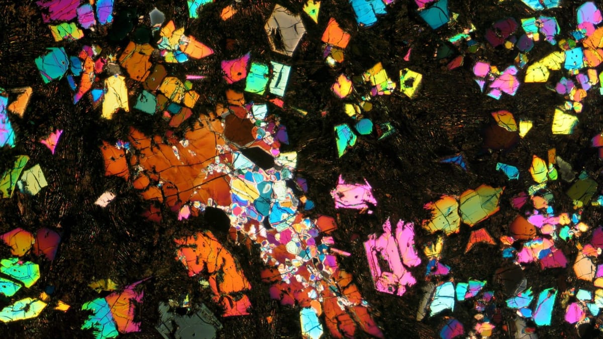 Cross-polarized light microscope view of rare angrite meteorite Northwest Africa 12774 showing crystalline structure