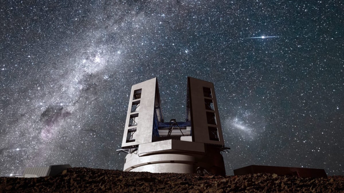 Rendering of the Giant Magellan Telescope's white dome structure at Las Campanas Peak in Chile