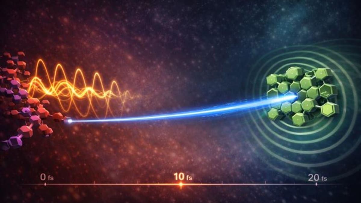 Colorful illustration showing molecular vibrations launching electrons like catapults through solar cell material