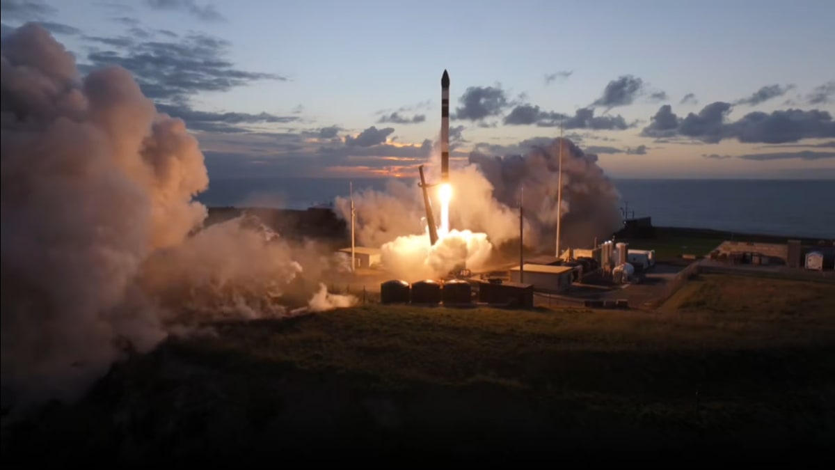 Rocket Lab Electron rocket launching at night carrying Synspective's Strix satellite from New Zealand