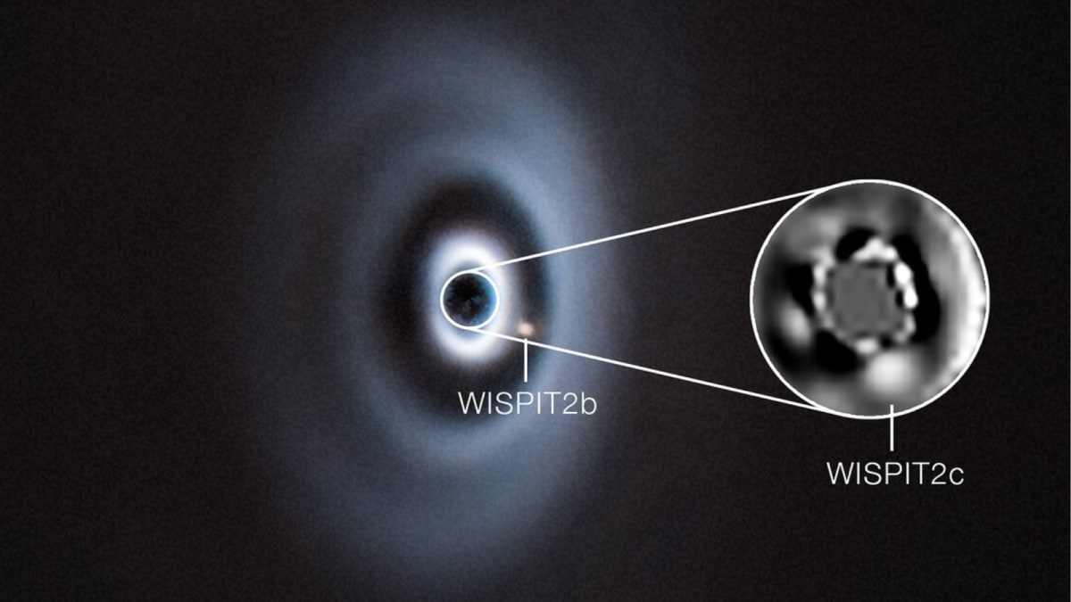 Young star WISPIT 2 surrounded by glowing disk with dark gaps showing forming planets