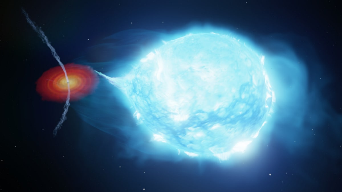 Illustration showing powerful jets erupting from black hole near blue supergiant star