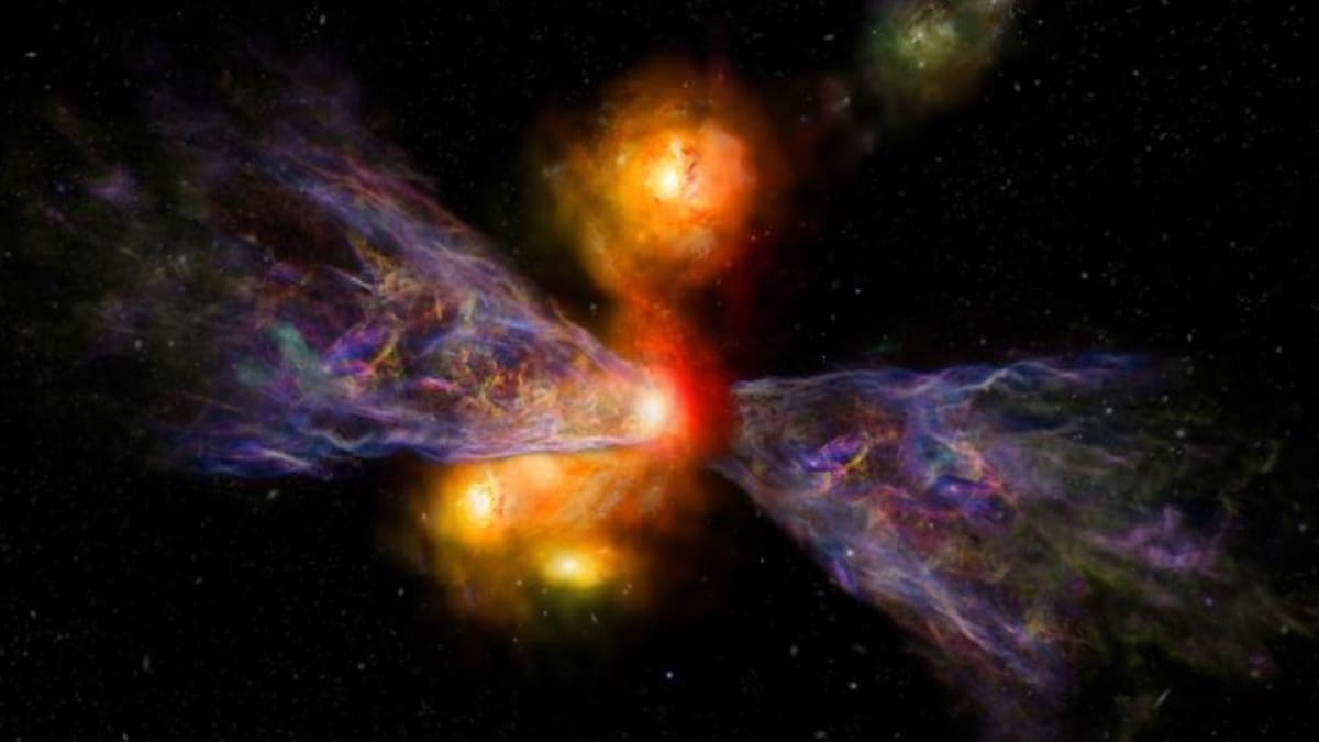 Distant galaxy CRISTAL-02 with visible gas plumes being ejected into space