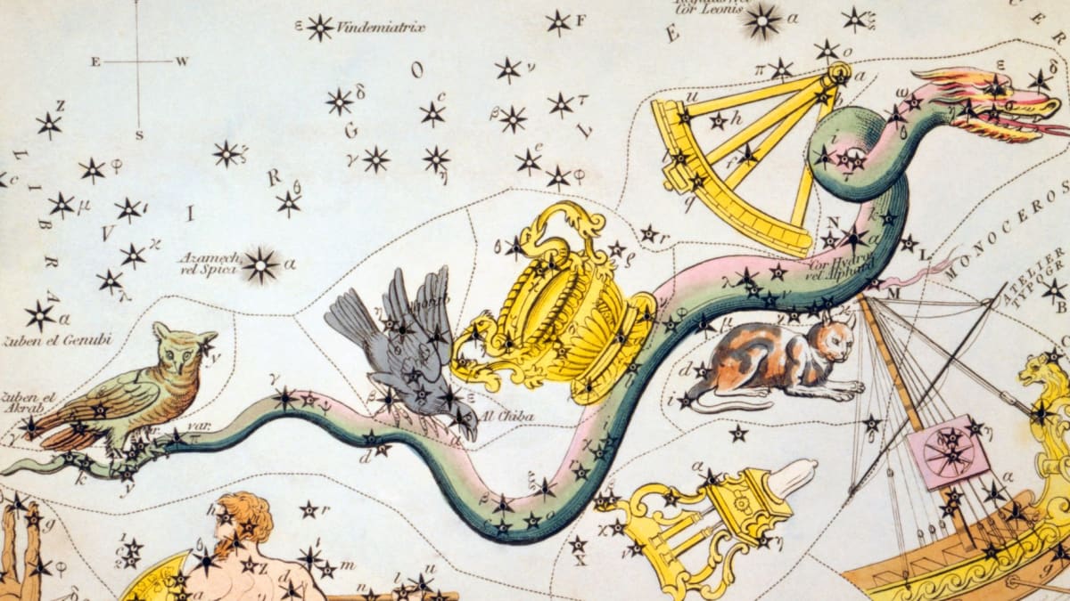** Nineteenth century illustration showing the constellation Hydra stretching across a starry night sky