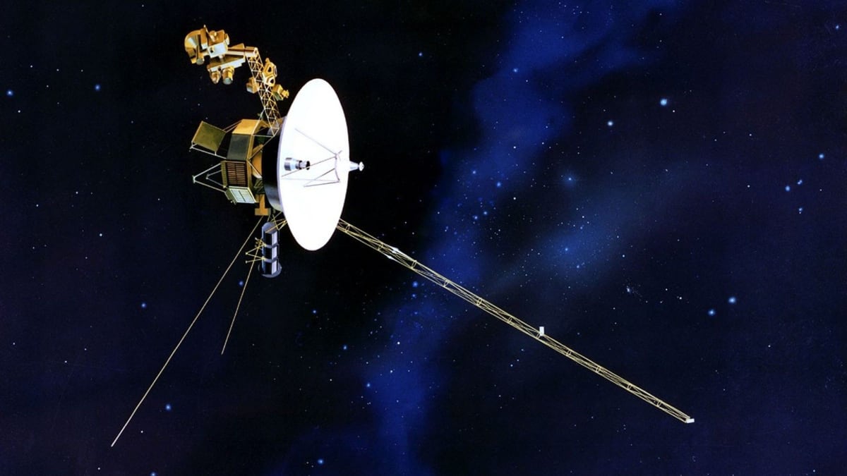 Artist's illustration of NASA's Voyager 2 spacecraft traveling through deep space with golden antenna dish