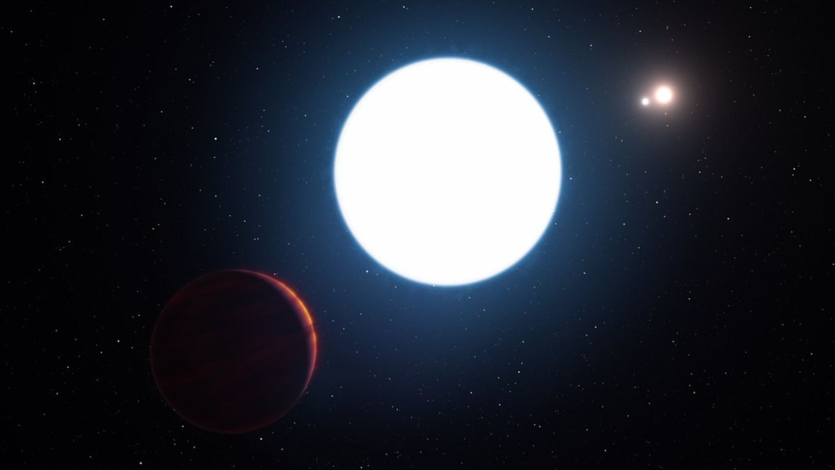 Artist rendering of three stars orbiting in perfect alignment creating multiple eclipses