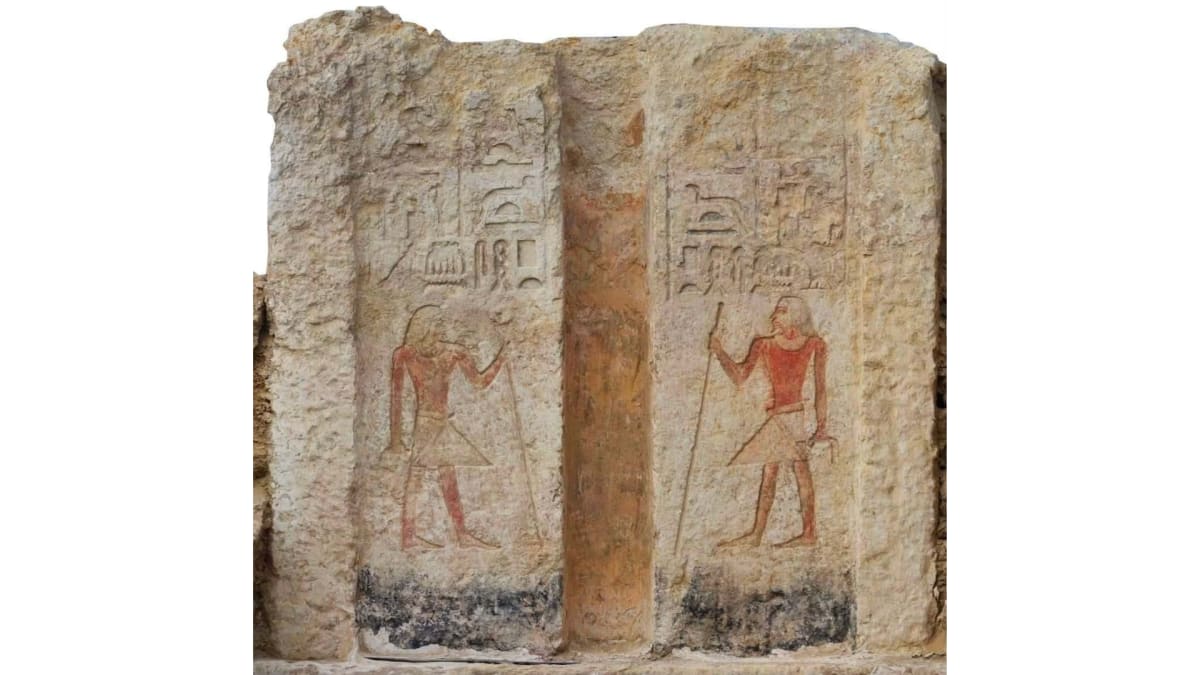 Ancient Egyptian tomb entrance at Saqqara showing hieroglyphic inscriptions and decorated walls from 4,350 years ago