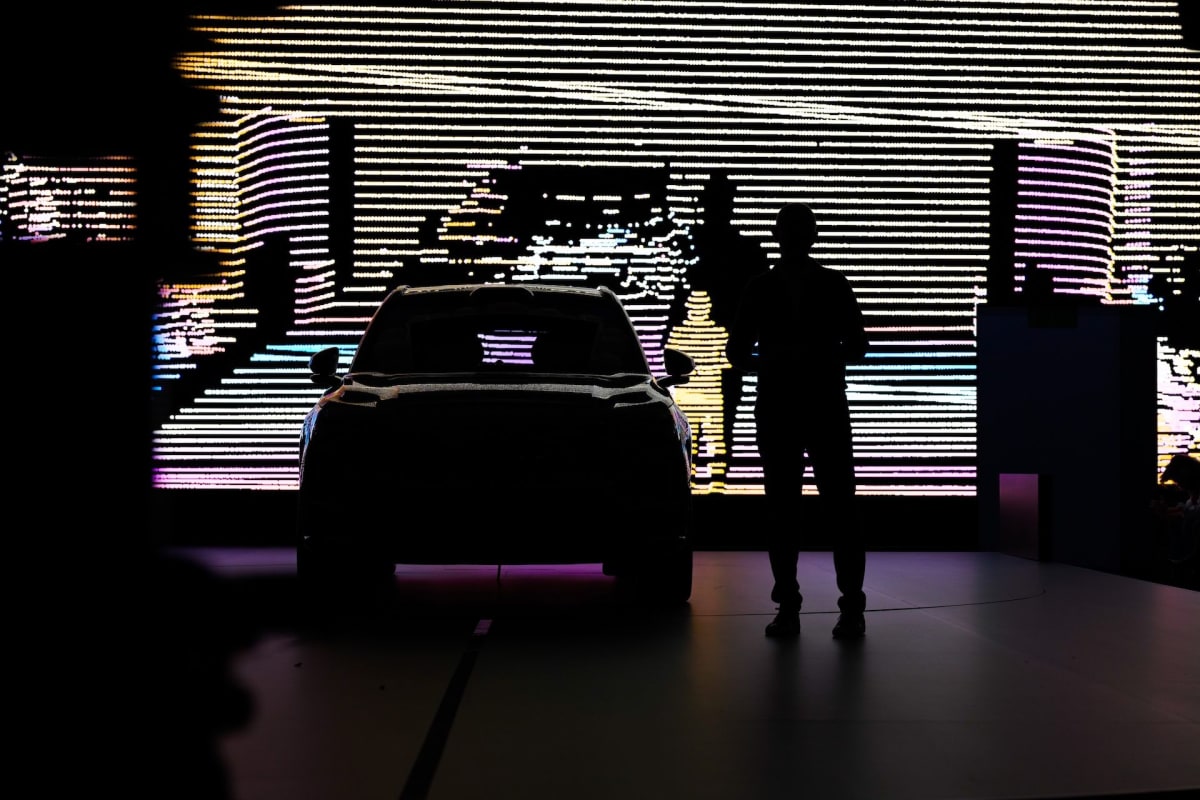 Advanced Lidar sensor technology on autonomous vehicle detecting colorful traffic signals and road objects