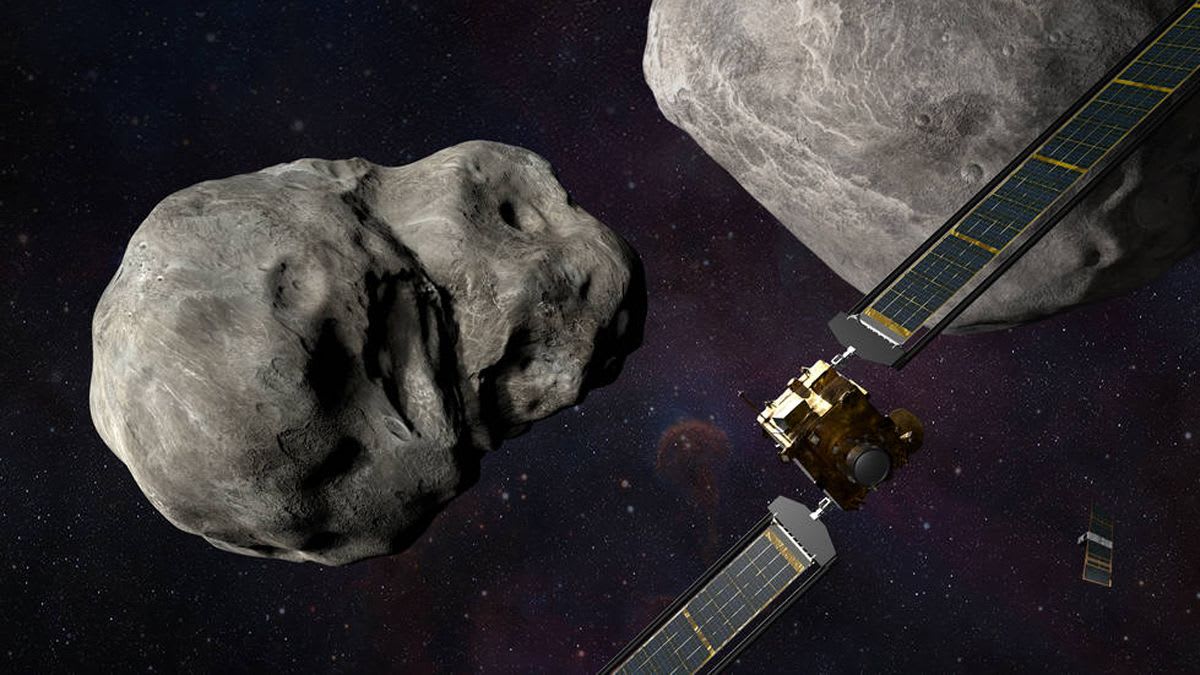 Artist illustration showing NASA DART spacecraft approaching asteroid Dimorphos before historic impact