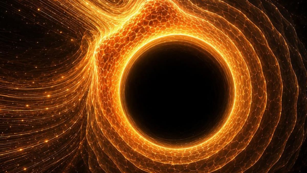 ** Artistic illustration showing energy flowing into a growing black hole in deep space