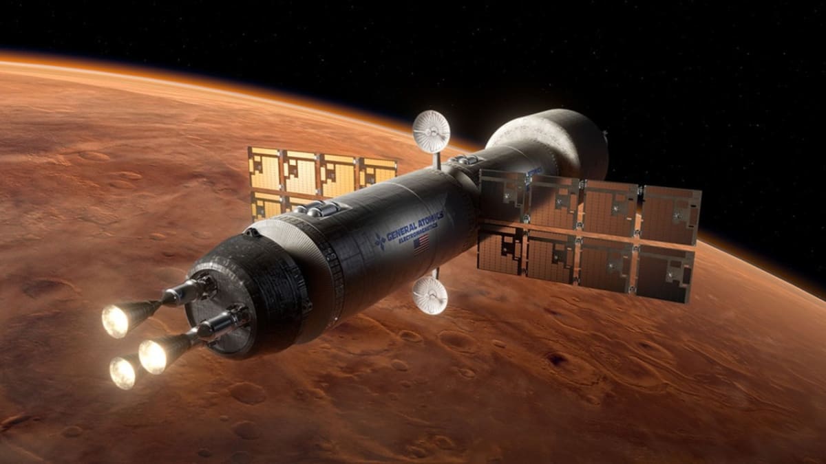 Rendering of nuclear thermal propulsion spacecraft traveling toward Saturn's moon Titan through deep space