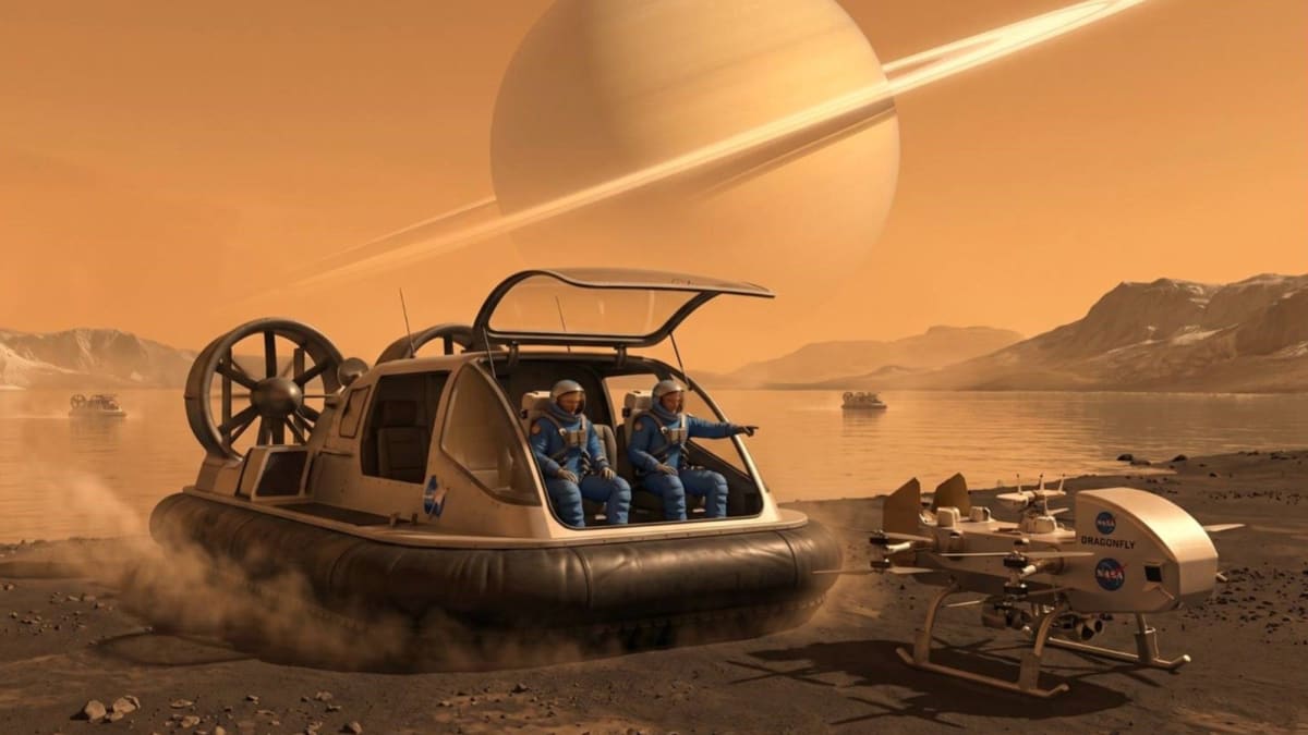 Artist illustration showing astronauts exploring Saturn's moon Titan with hovercraft and spacecraft