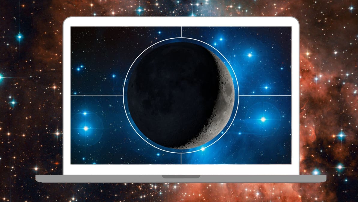 Thin crescent moon glowing against night sky near bright Pleiades star cluster