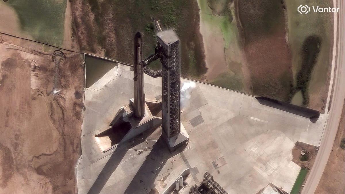 Aerial satellite view of SpaceX's massive Starship V3 rocket on launch pad in Texas