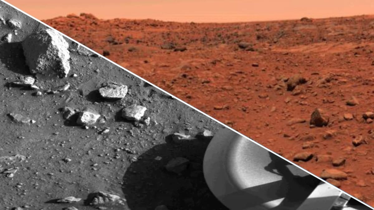 First black and white photo from Mars surface showing rocks, dust and Viking 1 spacecraft footpad