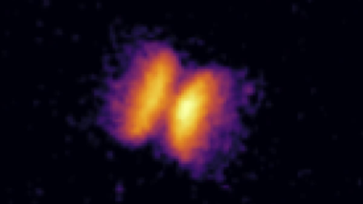 Twin plumes of glowing cosmic debris spreading like butterfly wings from helium nova explosion