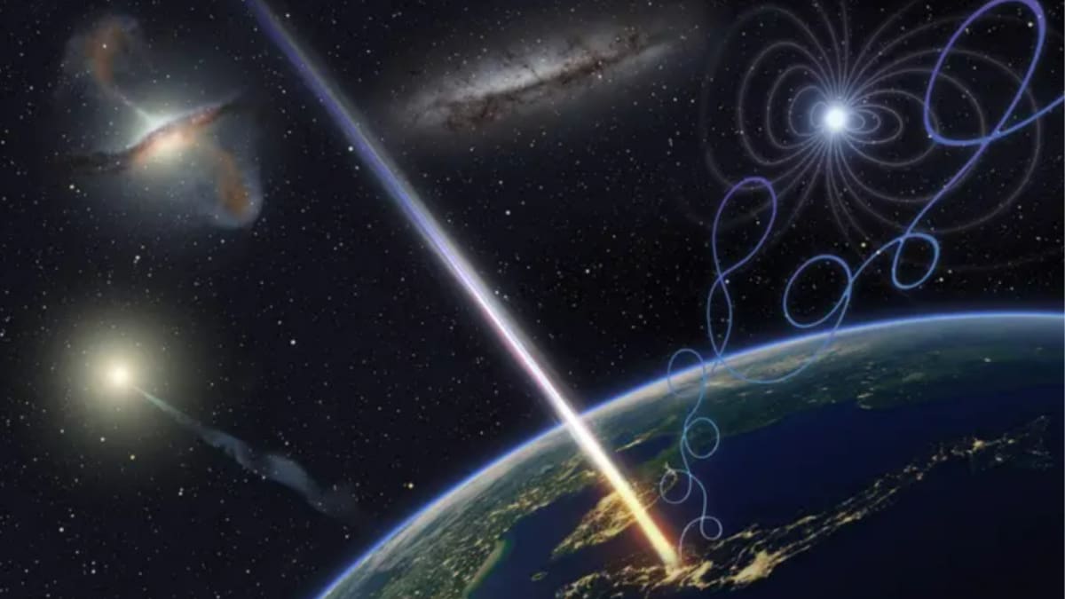 Digital illustration of an ultraheavy ultra-high energy cosmic ray particle approaching Earth from space