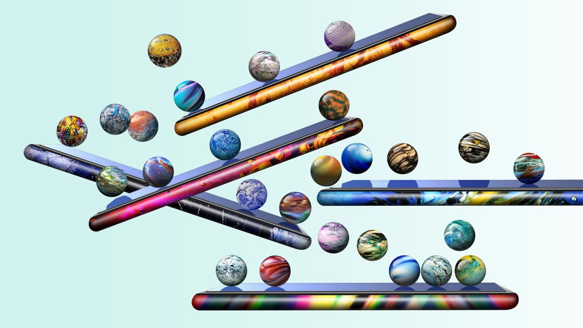 Colorful illustration showing spherical balls packed tightly together on platforms demonstrating jamming physics concept