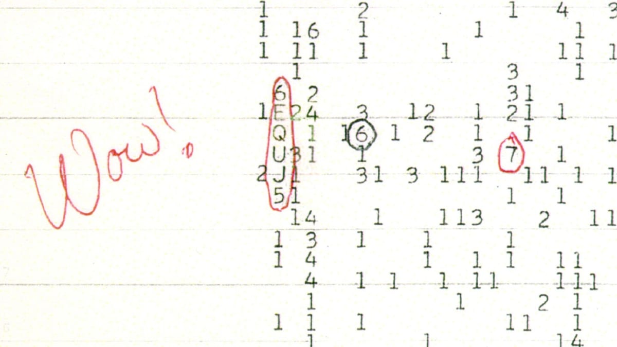 Original 1977 printout showing the Wow signal with handwritten exclamation in red pen