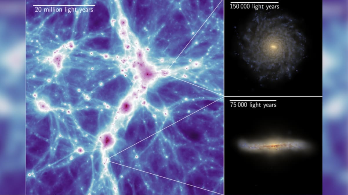 Colorful computer-generated image showing galaxies forming in simulated cosmic web of gas and stars