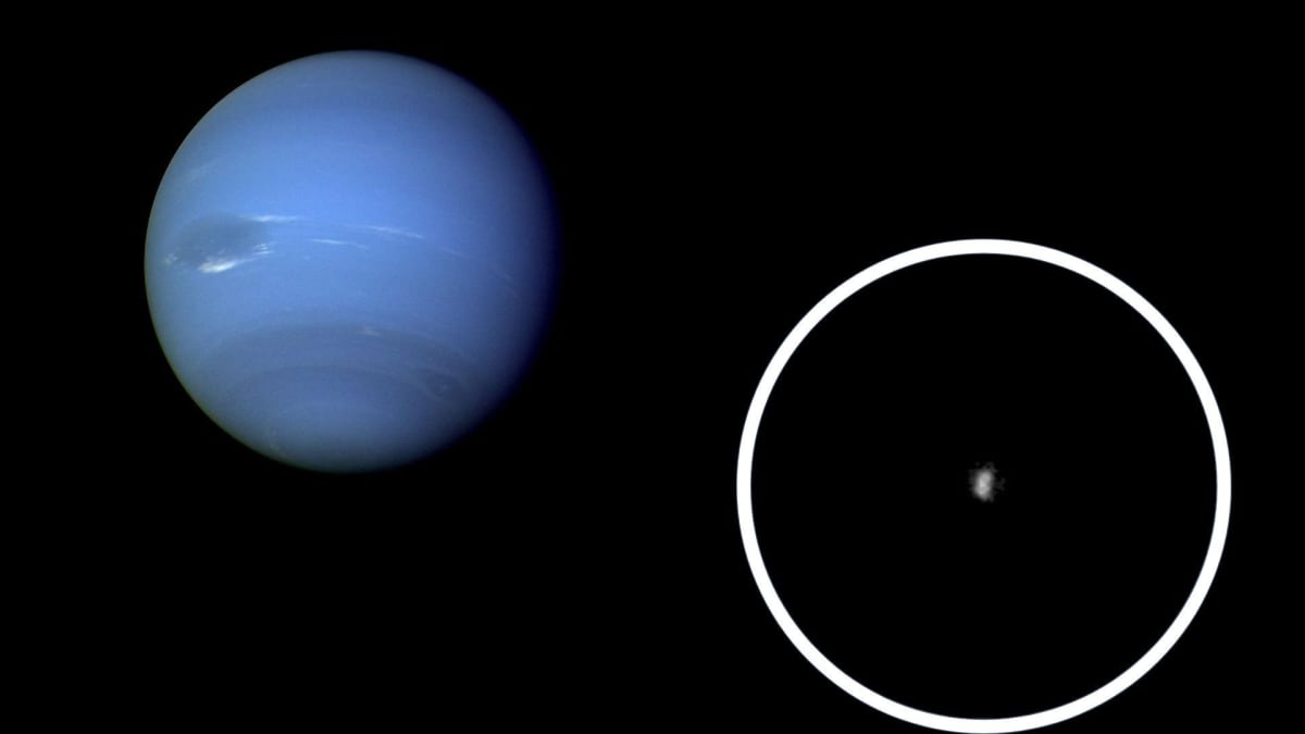 Neptune's moon Nereid shown against the blue ice giant planet in composite telescope image