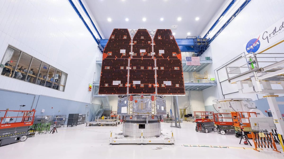Fully assembled Nancy Grace Roman Space Telescope in clean room at NASA Goddard facility