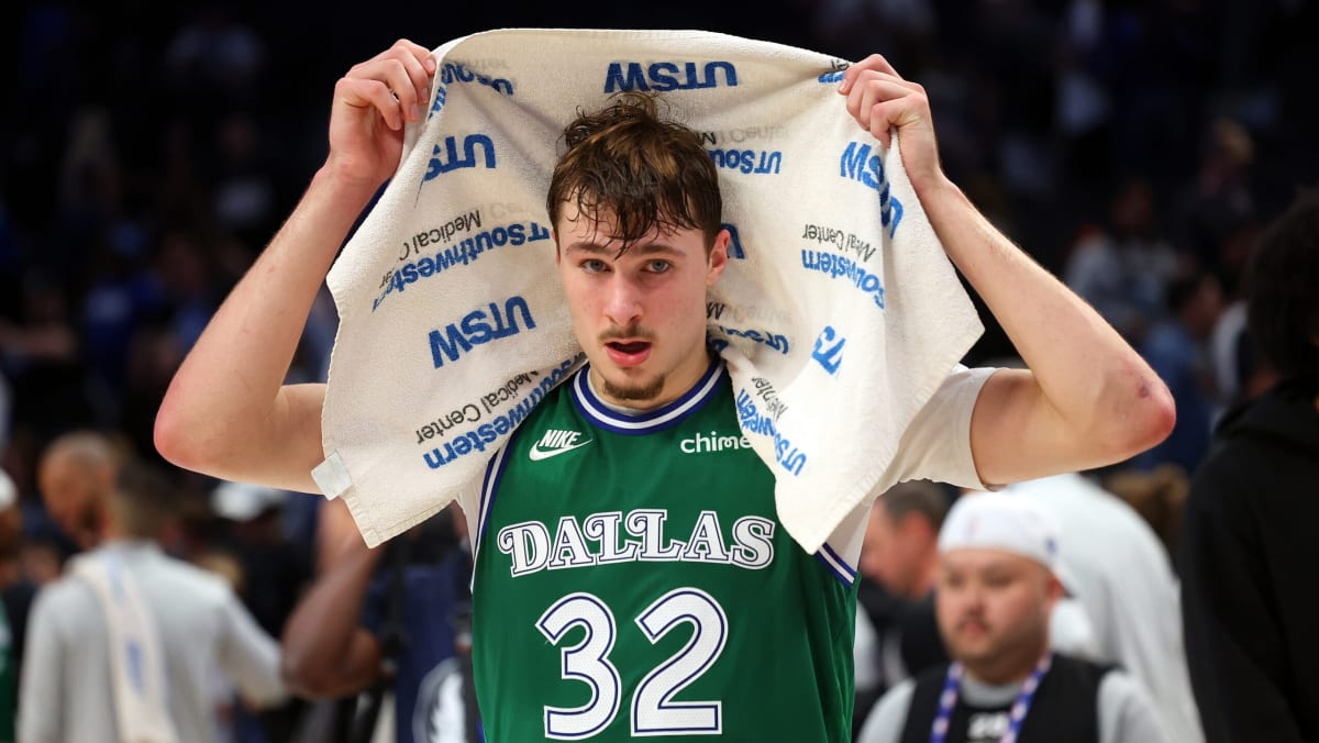 Teenage basketball player Cooper Flagg celebrating after scoring 51 points for Dallas Mavericks