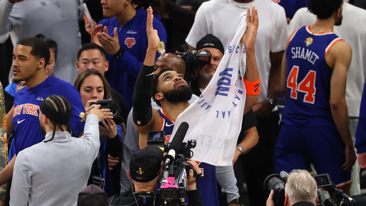 Karl-Anthony Towns in New York Knicks jersey celebrating during 2026 NBA Finals game