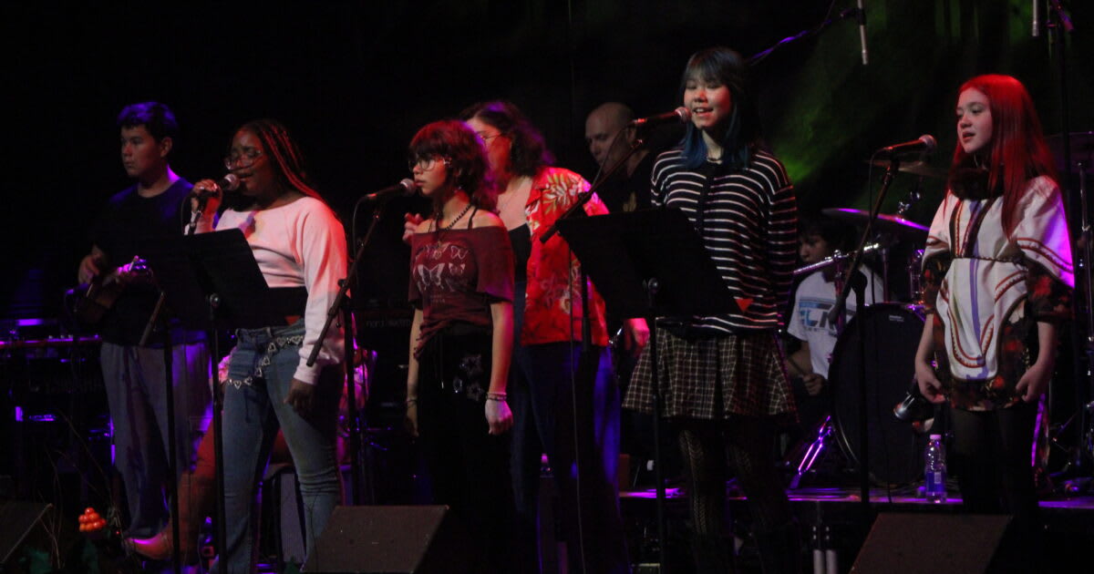 Nunavik Rocks youth performers on stage at Aqpik Jam Music Festival in Kuujjuaq
