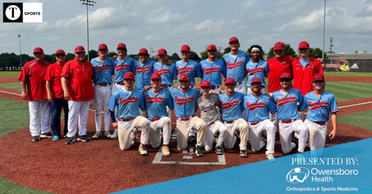 Owensboro Bombers youth baseball team celebrating their sixth consecutive Kentucky state championship victory